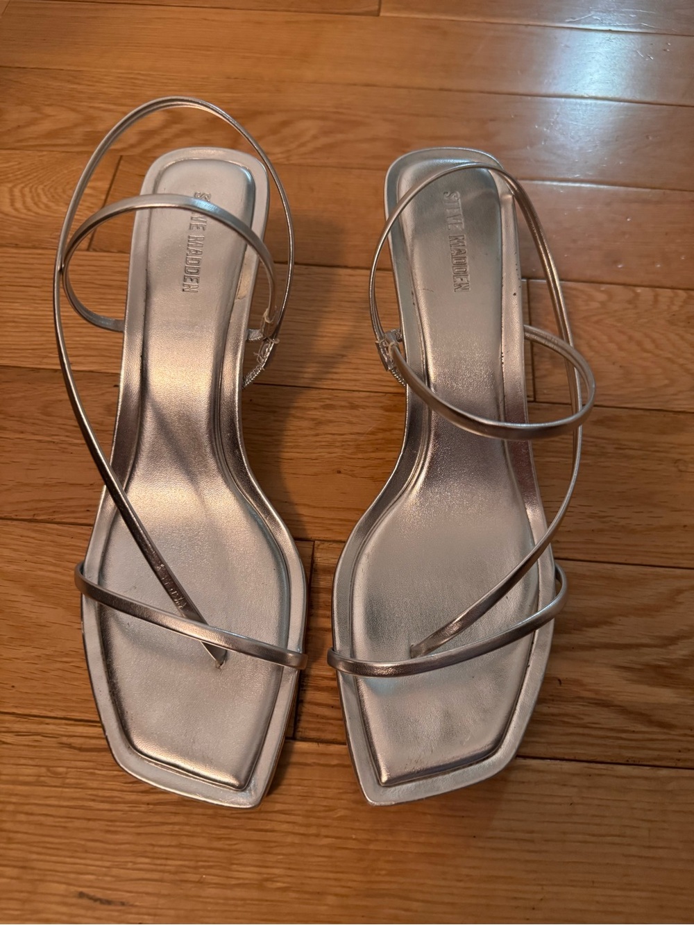 Steve Madden Metallic Silver Strappy Square-Toe Heels